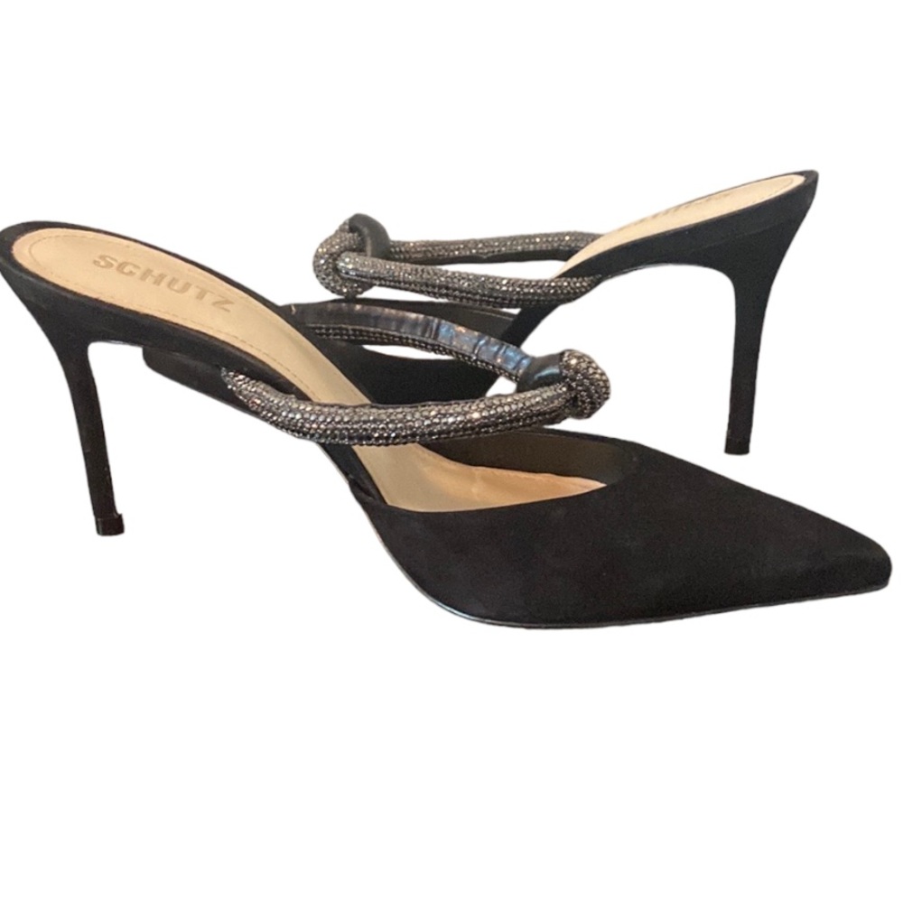 SCHUTZ Pearl Pointed Toe Black Suede Mule Size 8.5